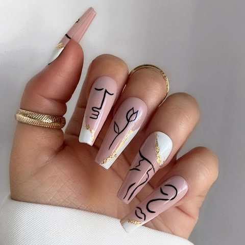 Press On Nails Abstract Face Art Long Coffin Shape False Nails White French Tip Gold Foil Stylish Manicure Artistic Nails