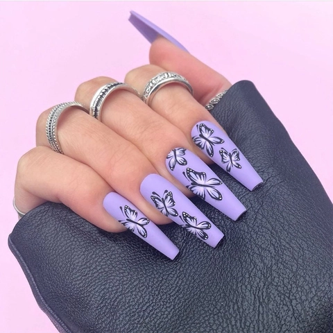 Long Coffin Press On Nails Matte Lavender Purple Butterfly Pattern Full Cover Artificial Fake Nails Fashion For Women
