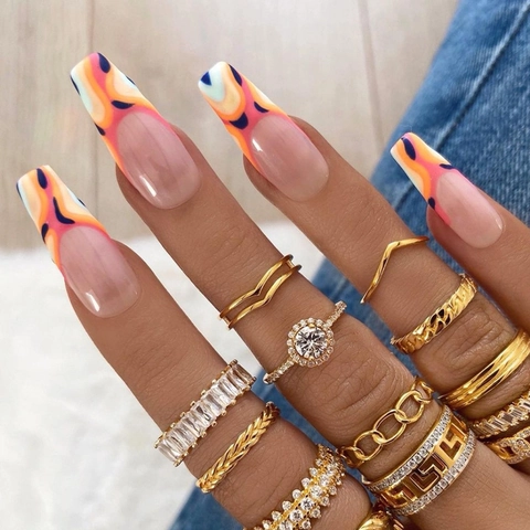Franse Stijl Lange Coffin Press On Nails Abstracte Vloeibare Golf Handgeschilderde Kleurrijke Kunstnagels