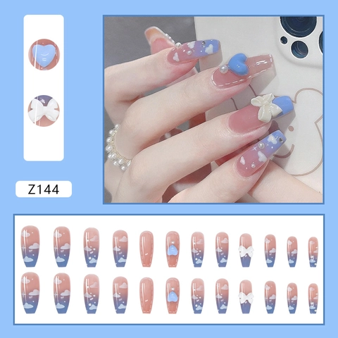 Unghie Finte Lunghe Coffin Sfumate Blu Rosa Nuvole Con Decorazione Perla Artificial Fiocco Cuore 3D Stile Dolce