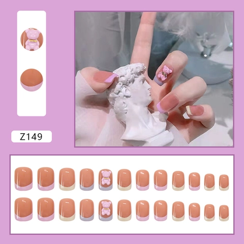 French Press On Nails With 3D Pink Bear Short Square Round Nude Colorful Tips Artificial False Nails For Women Sweet DIY