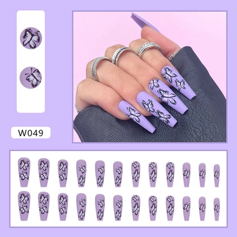 Long Coffin Press On Nails Matte Lavender Purple Butterfly Pattern Full Cover Artificial Fake Nails Fashion For Women