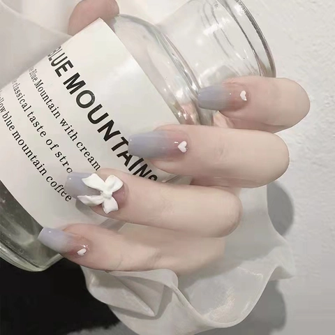 Uñas Postizas Largas Coffin Ombré Degradado Gris Azul Rosa Brillante Con Lazo Blanco 3D Y Corazones Rosas