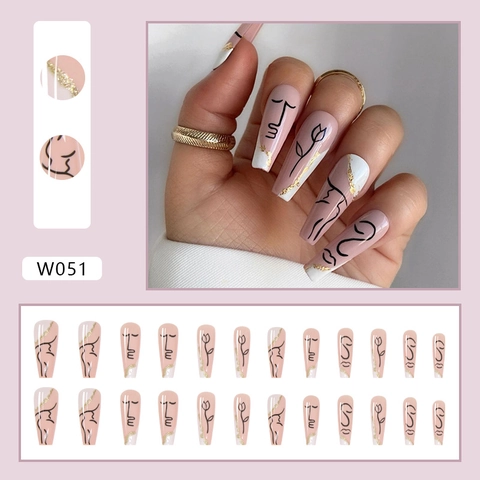 Press On Nails Abstract Face Art Long Coffin Shape False Nails White French Tip Gold Foil Stylish Manicure Artistic Nails