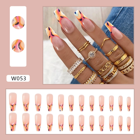 Franse Stijl Lange Coffin Press On Nails Abstracte Vloeibare Golf Handgeschilderde Kleurrijke Kunstnagels