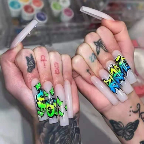 Sarg Aufpressnägel Lang Graffiti Muster Dollarzeichen Bunte Streetwear Punk Stil Künstliche Falsche Nägel