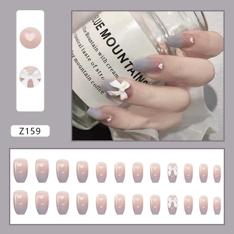Uñas Postizas Largas Coffin Ombré Degradado Gris Azul Rosa Brillante Con Lazo Blanco 3D Y Corazones Rosas