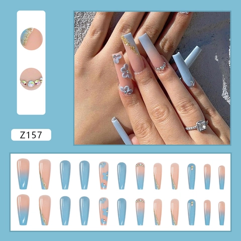 Unghie Finte Press On Sfumate Blu Long Coffin Con Fiori 3D Foglia Oro Strass Manicure Rimovibile Arte