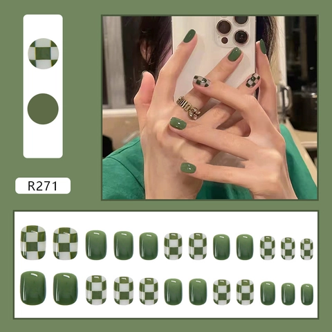 Press On Nails Glossy Green Checkerboard Short Square Round Artificial Fake Nails Detachable Manicure Art For Women R271