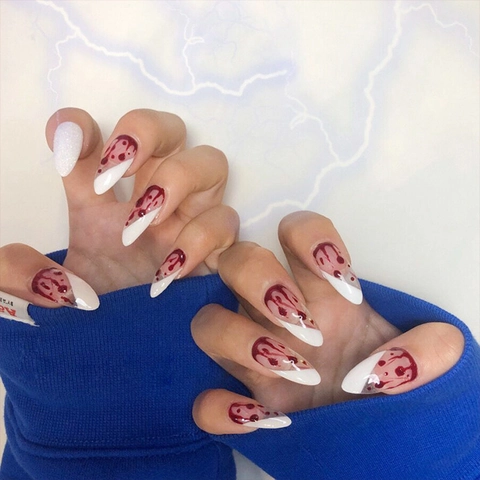 Almond Shape Press On Nails Halloween Blood Drip Pattern Long French False Nails For Gothic Cosplay Party White And Red