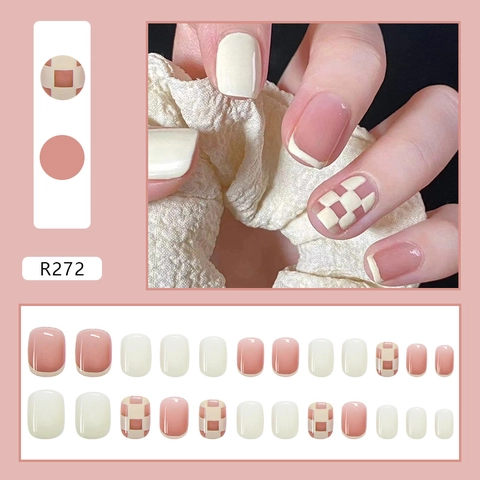 Unghie Finte Corte Rosa Scacchiera Stile Francese Lucido Rimovibile Per Donne Manicure Quotidiana