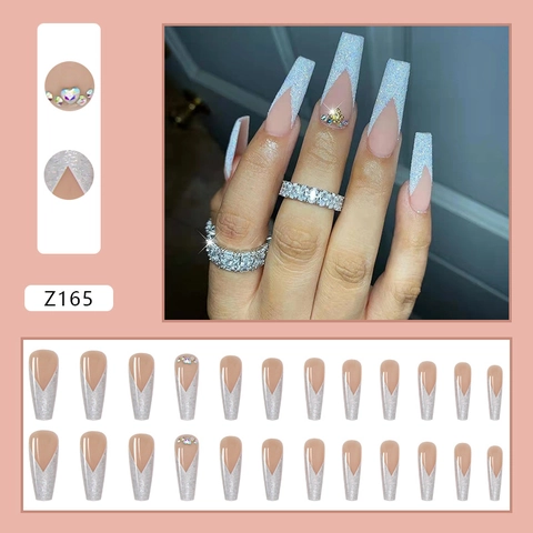 Uñas Postizas Largas Coffin Press On Brillo Francés Punta En V Rosa Nude Bailarina Con Diamantes De Imitación