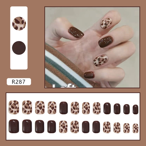 Uñas Postizas A Presión Con Estampado De Leopardo Cortas Redondas Cuadradas Marrón Café Brillantes Para Mujeres Minimalista