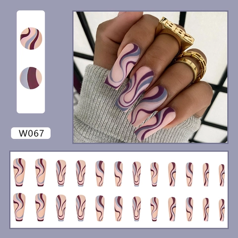 Lange Sargform Künstliche Nägel Abstrakte Wellenlinie Matt Nude Lila Tragbare Aufpressnägel DIY Maniküre