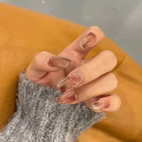 Unghie Finte Press On Marmo Ambra Bordo Dorato Lucido Long Coffin Unghie Artificiali Riutilizzabile Retro Elegante Per Donna