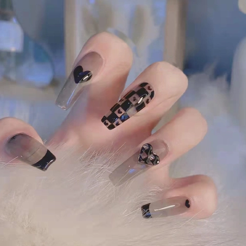 Press On Nails Long Coffin Shape False Nails Heart Checkerboard Pattern Removable Acrylic Manicure For Women Girls