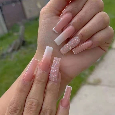 Faux Ongles Coffin Longs Rose Ombré Paillettes Argentées Strass Style Français Ballet Pour Femmes