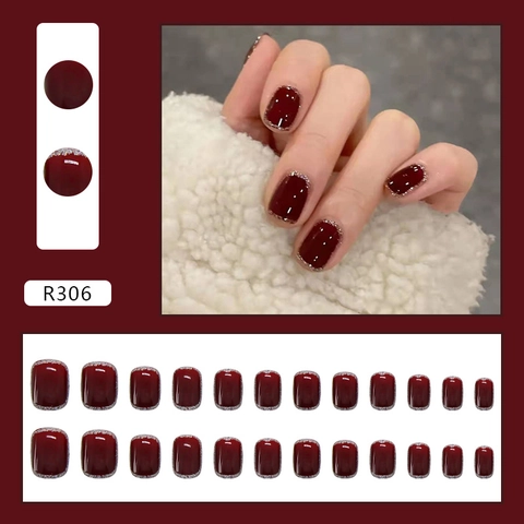 Glossy Wine Red Press On Nails Silver Glitter Edge Square Round Chic Fake Nails Detachable Manicure For Women