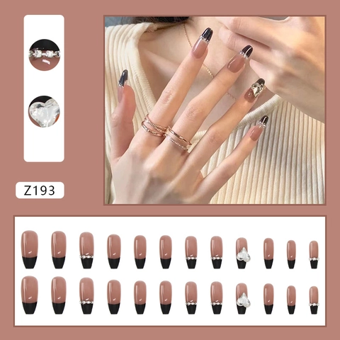 Uñas Postizas De Punta Francesa Para Presionar Forma Ataúd Largo Negro Estrás Corazón Manicura Para Mujeres