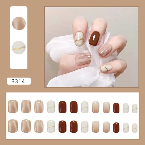 Unghie Finte Nude Marmo Marrone Bianco Linea Dorata Corto Quadrato Rotondo Lucido Unghie Artificiali Per Donne Elegante