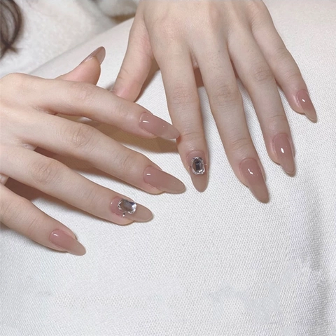 Unghie Finte A Pressione Mandorla Lunga Sfumatura Rosa Nude Decorazione Strass Quadrati Impermeabile Sottile Lucida