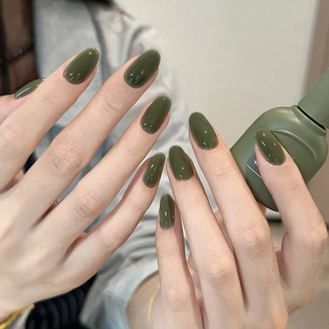 Uñas Press On Verde Lago Plástico ABS Brillante Forma Ovalada Simple Moda Mediana Larga Uñas Postizas
