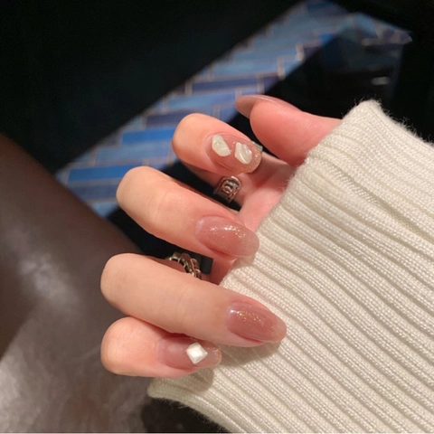 Uñas Postizas Press On Rosa Nude Jelly Brillo Fino Patrón Concha Elegantes Reutilizables Para Mujeres