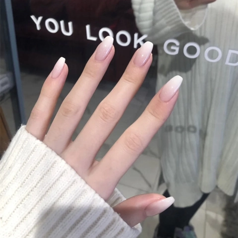 Coffin Press On Nails Gradient Rosa Weiß Ombre Falsche Nägel Glänzend Full Cover Ballerina Künstliche Nägel