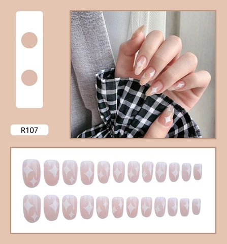 Uñas Postizas Press On Con Patrón De Estrellas Forma Almendra Rosa Nude Brillante Para Mujeres Manicura