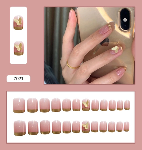 Uñas Postizas Press On Borde Dorado Francés Mariposa Diamantes De Imitación Rosa Nude Brillante Manicura Elegante