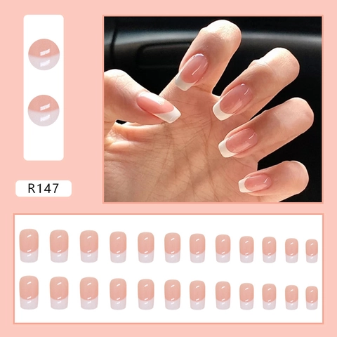 French Style Press On Nails Nude Pink White Tips Glossy Medium Square Round Artificial Fake Nails For Women Wearable