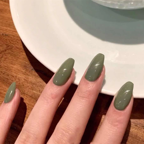 Olive Green Press On Nails Long Coffin Shape Glossy Solid Color Ballerina Fake Nails Artificial Finger Nails For Women