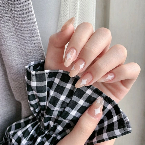 Uñas Postizas Press On Con Patrón De Estrellas Forma Almendra Rosa Nude Brillante Para Mujeres Manicura