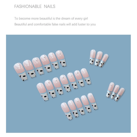 Long Ballerina Press On Nails Blue French Tip Leopard Pattern Artificial False Nails Fashionable DIY Manicure For Women