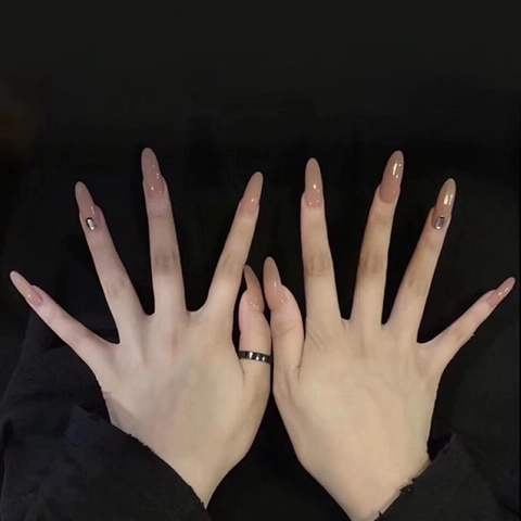 Unghie Finte Press On Lucide Lunghe Forma Mandorla Occhio Di Gato Rosa Nude Con Strass Argentati Manicure Decorativa Per Donne