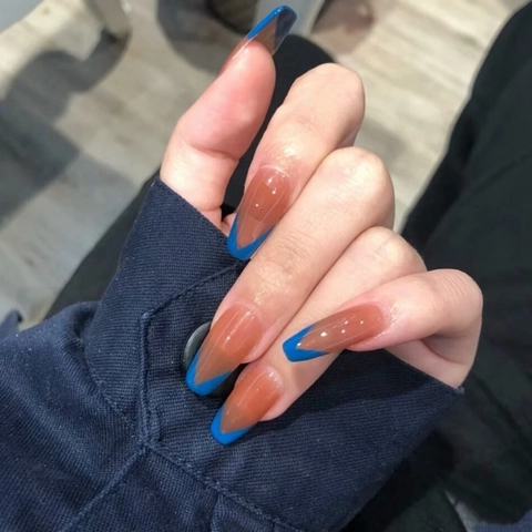 Blue French V-Tip Press On Nails Long Coffin Shape Contrast Color Wearable Fake Nails