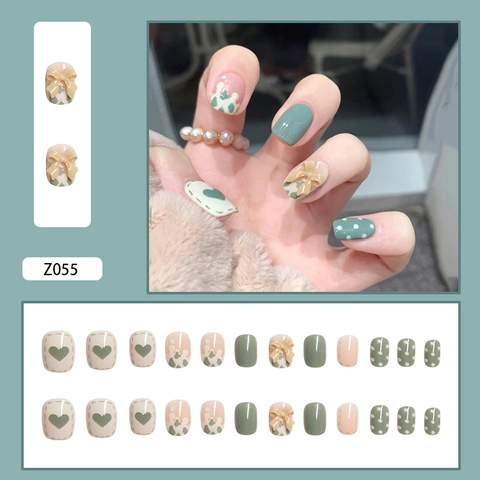 Press On Nails Removable Morandi Green Glossy Bowknot Heart Cow Print Dots Sweet Style Artificial Fingernails
