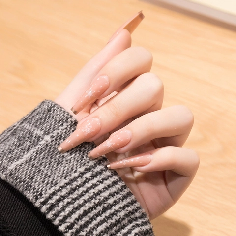 Uñas Postizas Largas Coffin Rosa Nude Patrón Copo Nieve Blanco Punta Francesa Dorada Uñas Artificiales Festivas Invierno