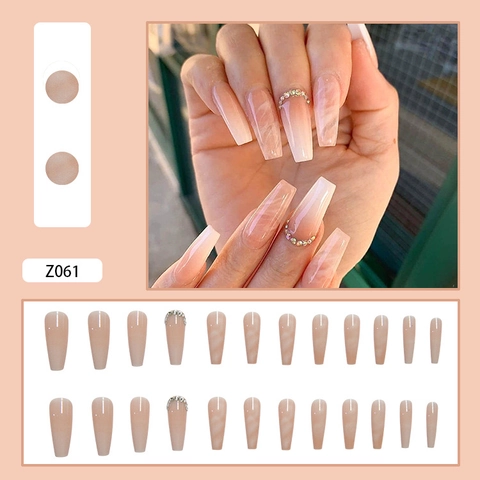 Press On Nails Long Coffin Shape Gradient Pink Marble Design With Rhinestones Artificial False Nails For Women