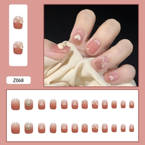 Press On Nails Artificial Gradient Pink With 3D Butterfly Heart Artificial Pearl French Style Elegant Sweet For Women