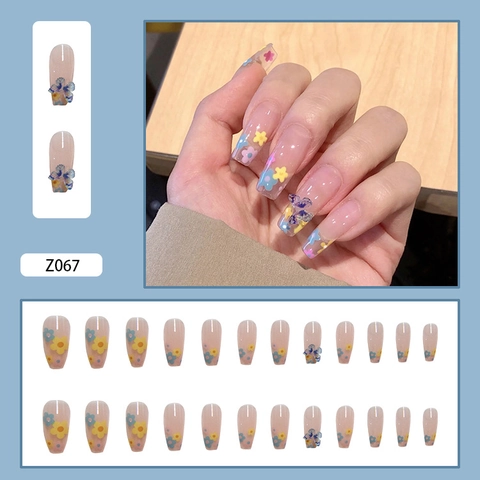 Faux Ongles Ballerine Avec Papillon 3D Et Motifs De Petites Fleurs Ongles Artificiels Pour Femmes Détachable Couverture Totale