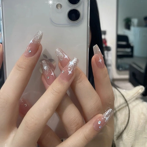 Uñas Postizas Largas Coffin Press On Degradado Rosa Purpurina Plateada Estrella Blanca Diamantes De Imitación