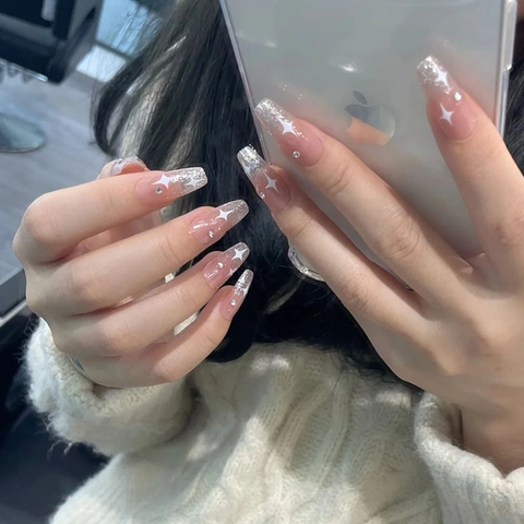 Uñas Postizas Largas Coffin Press On Degradado Rosa Purpurina Plateada Estrella Blanca Diamantes De Imitación