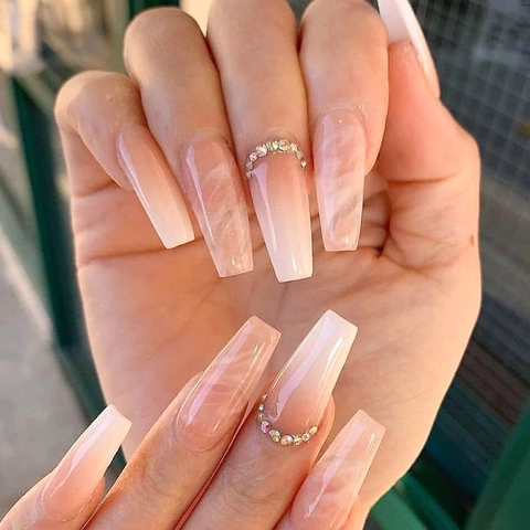 Press On Nails Long Coffin Shape Gradient Pink Marble Design With Rhinestones Artificial False Nails For Women