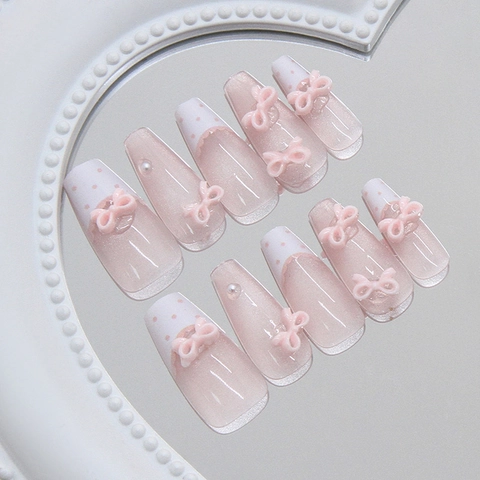 Unghie Finte Rosa Fatte A Mano Pois Francesi Con Fiocco 3D E Perla Artificial Occhio Di Gato Plastica ABS Per Donne