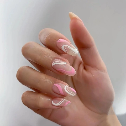 Press On Nails Rosa Und Weiß Wirbel Design Lange Mandelform Glänzende Künstliche Fingernägel Wellenmuster Abnehmbar DIY Maniküre