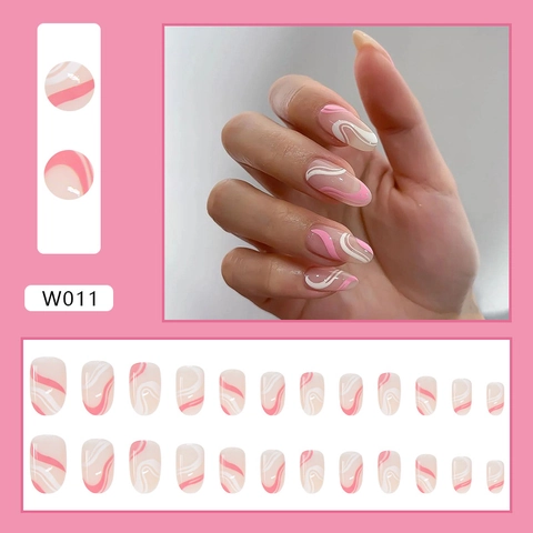 Press On Nails Rosa Und Weiß Wirbel Design Lange Mandelform Glänzende Künstliche Fingernägel Wellenmuster Abnehmbar DIY Maniküre