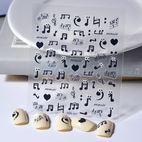 Music Note Nail Art Stickers 5D Embossed Staff Heart Cartoon Eyes DIY Manicure Decals For Women Waterproof Adhesive