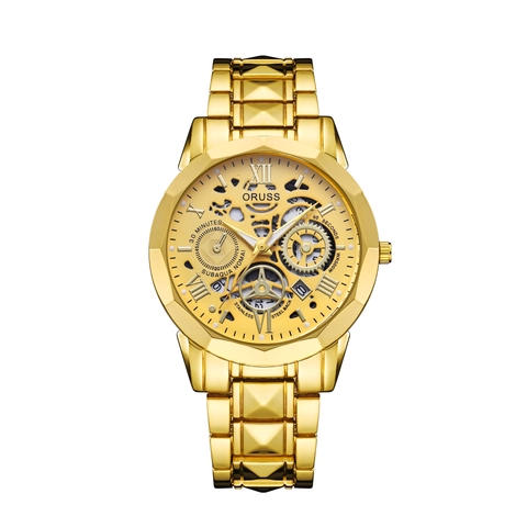 Men Quartz Watch Stainless Steel Strap Skeleton Dial Waterproof Luminous Hands Polygon Bezel Fashion Casual