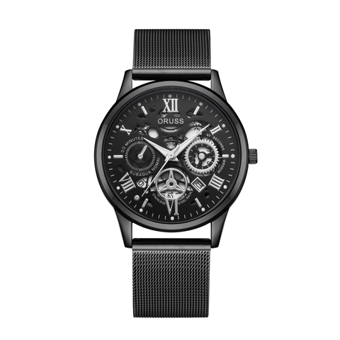 Men Quartz Watch Alloy Case Stainless Steel Mesh Leather Strap Skeleton Dial Roman Numerals Waterproof Business Casual